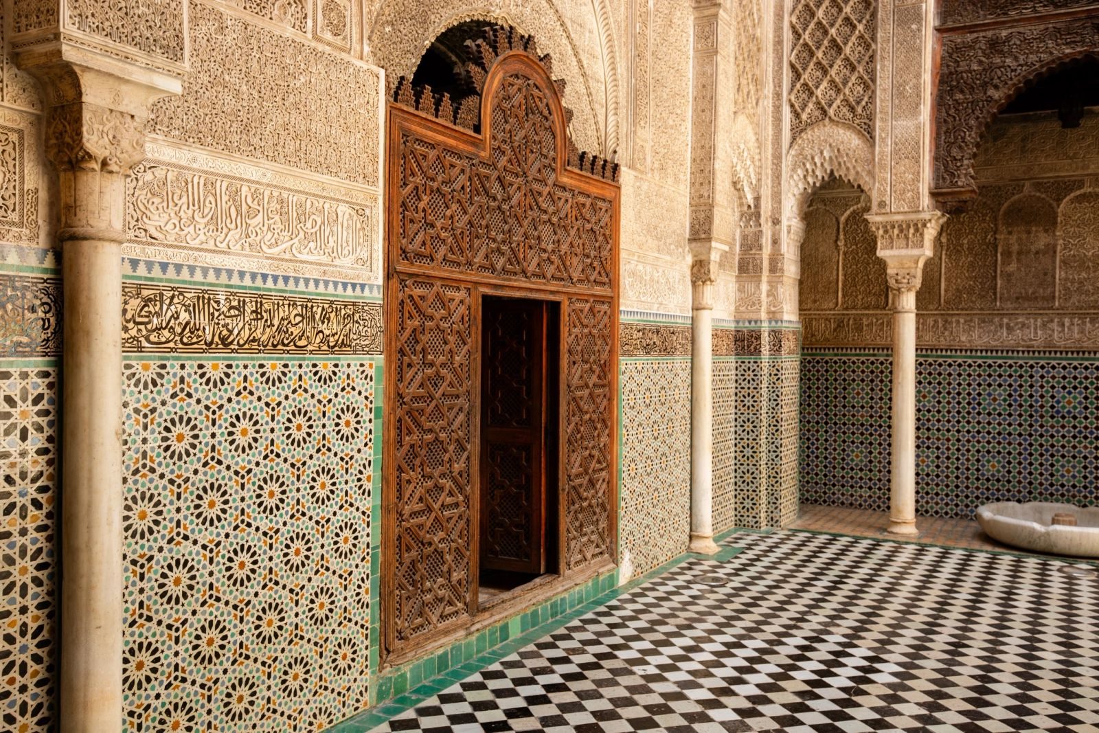 Doorway into the courtyard at el Attarine madrasa. Photo by author, 2023.