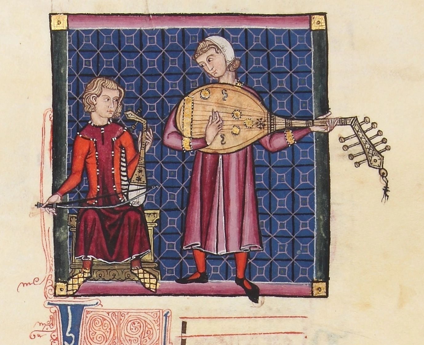 Musicians playing the rebab and lute, Cantigas de Santa María, c. 1270–1280.